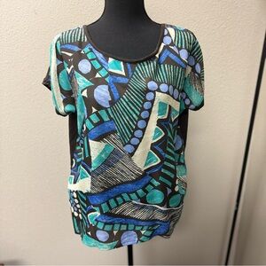 NWT August Silk Aqua Combo Abstract Patterned Women's Top. Size Large